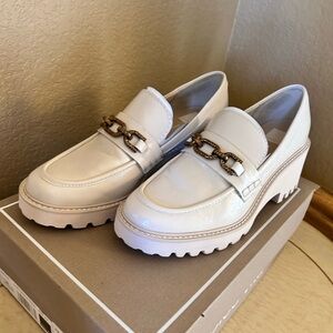 Dolce Vita Cream Loafers with Gold Chain Accent